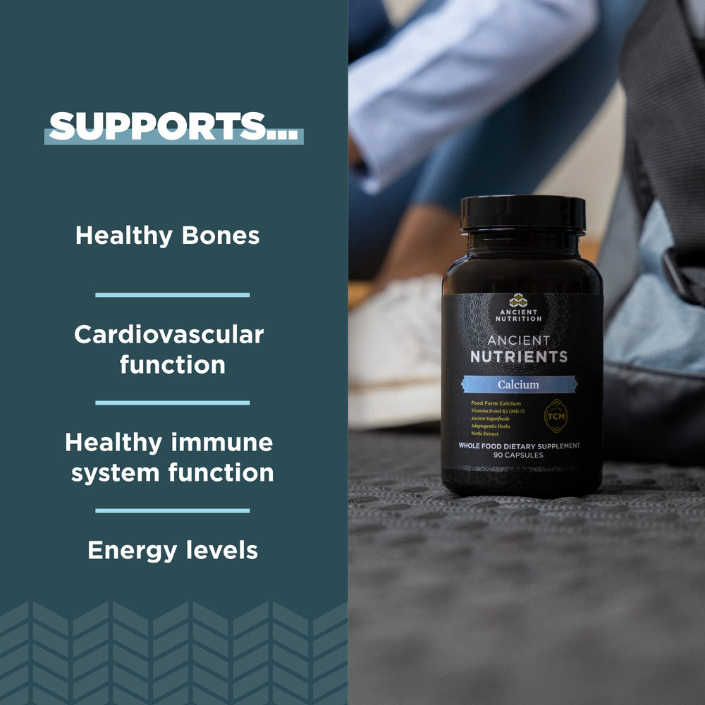 Ancient Nutrition calcium-d-k2 bottle label highlights vitamin D and K2 benefits.