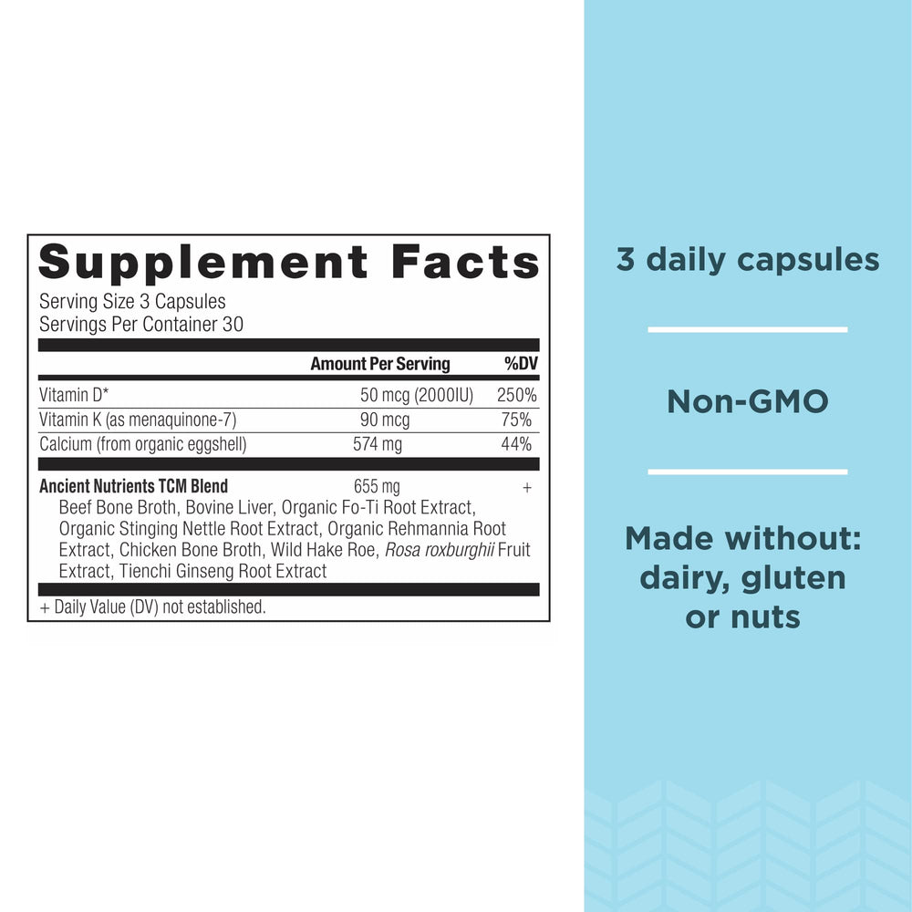 Ancient Nutrition calcium-d-k2 pour shot illustrating easy daily dose with water.