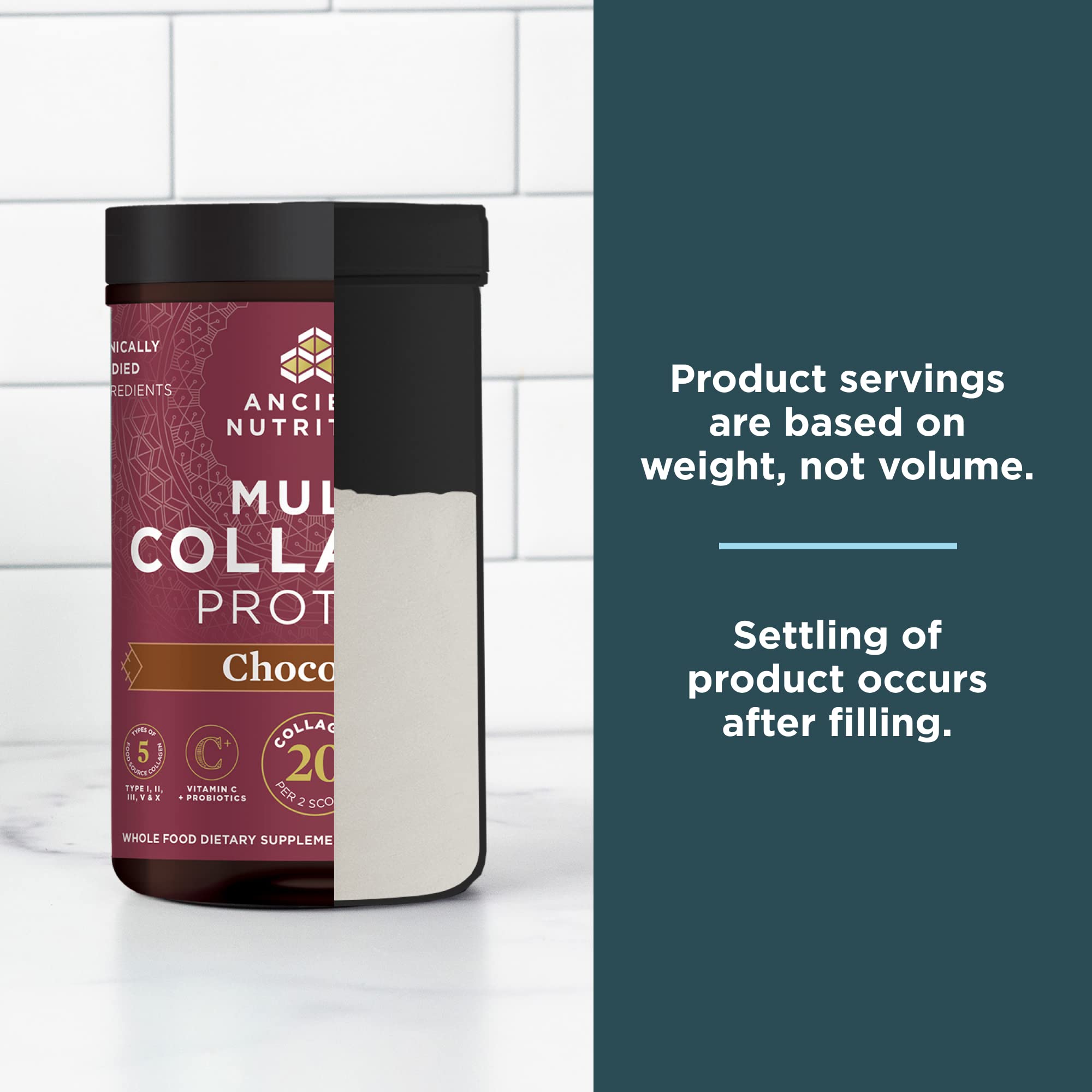 Ancient Nutrition chocolate collagen packaging close-up signals premium quality.