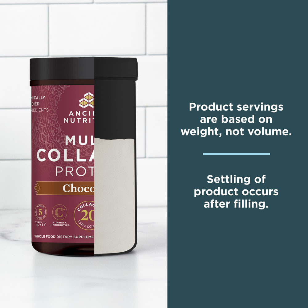 Ancient Nutrition chocolate collagen packaging close-up signals premium quality.