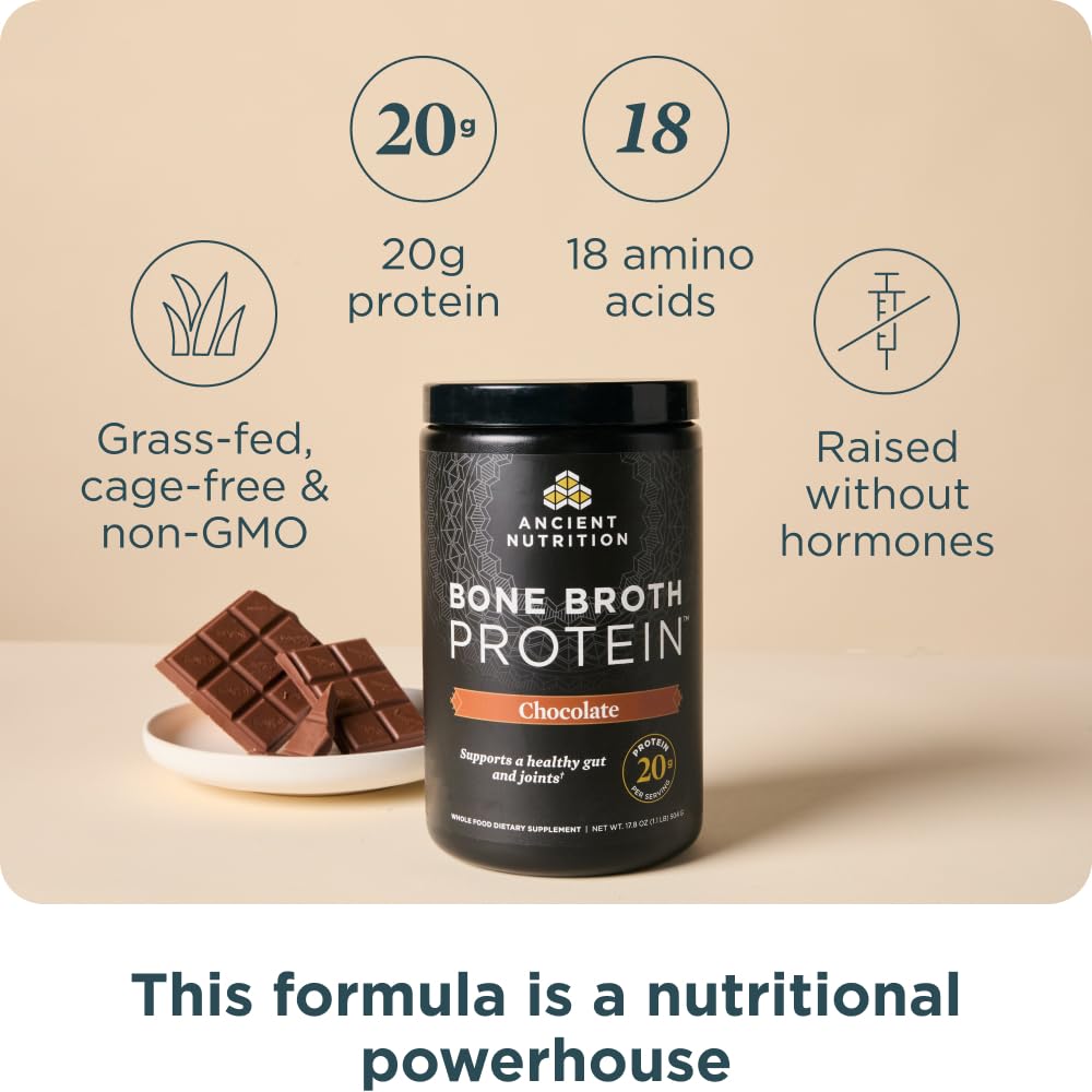 Ancient Nutrition chocolate powder scoop beside glass for creamy shakes.