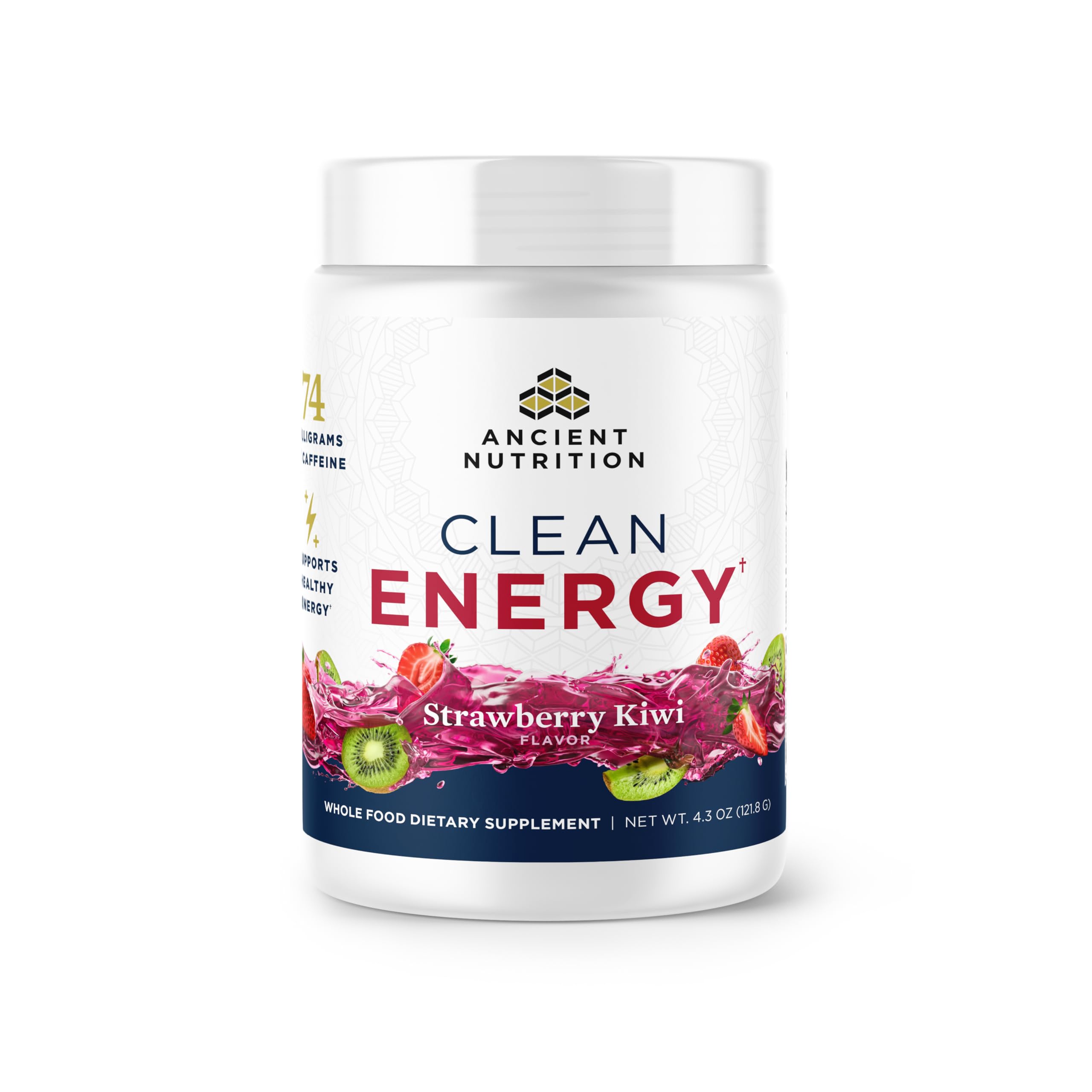 Ancient Nutrition Clean Energy Strawberry Kiwi bottle boosts alertness and steady energy