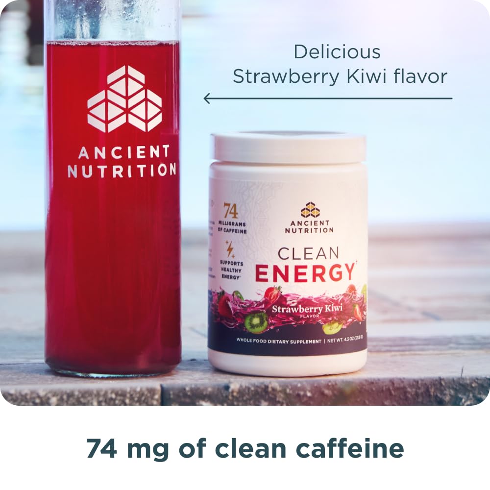 Scoop of Ancient Nutrition Clean Energy Strawberry Kiwi ready for a quick recharge