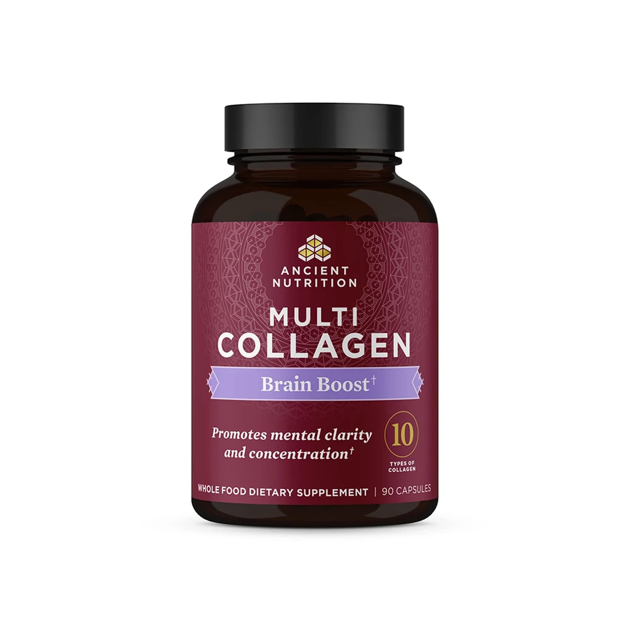Ancient Nutrition Collagen Brain Boost bottle showing easy daily joint and skin support