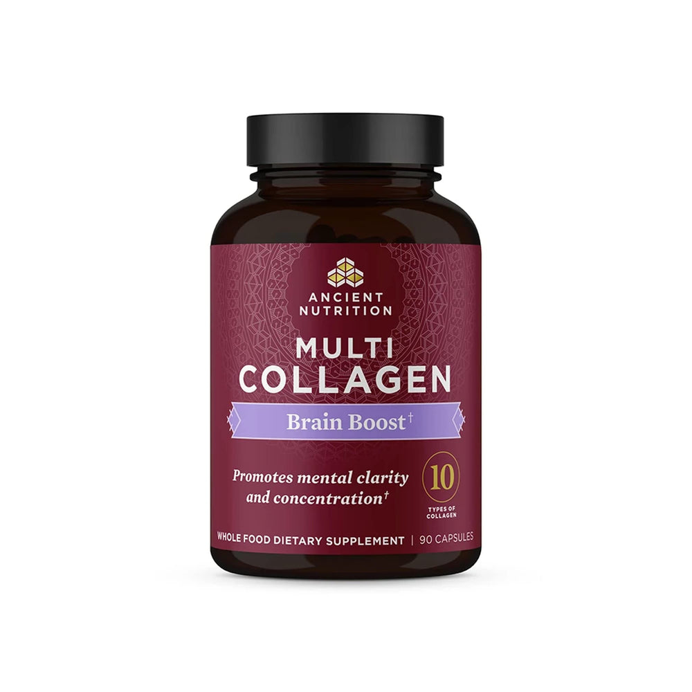 Ancient Nutrition Collagen Brain Boost bottle showing easy daily joint and skin support