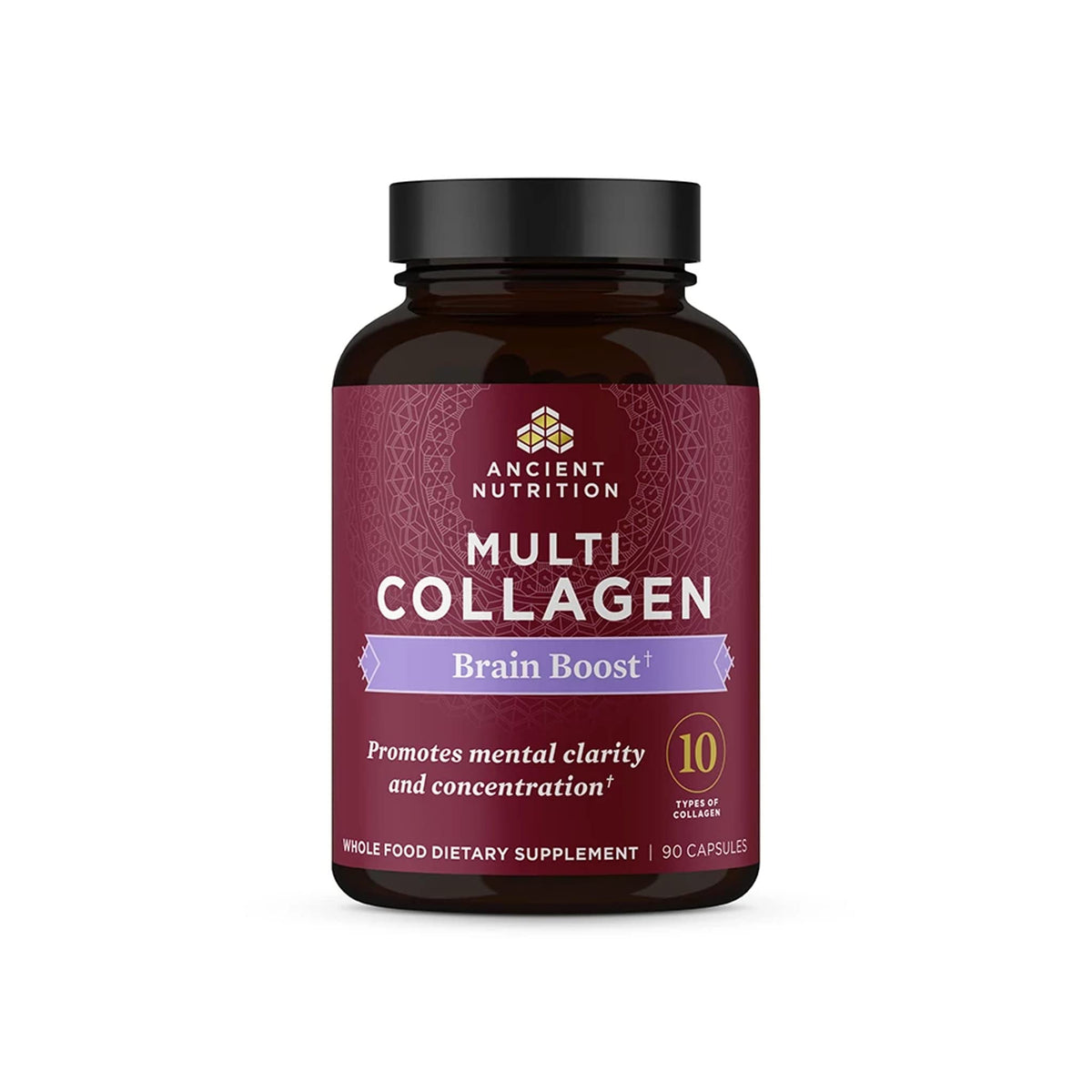Ancient Nutrition Collagen Brain Boost bottle showing easy daily joint and skin support