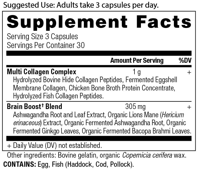 Ancient Nutrition Brain Boost capsules close-up for convenient daily joint and skin care