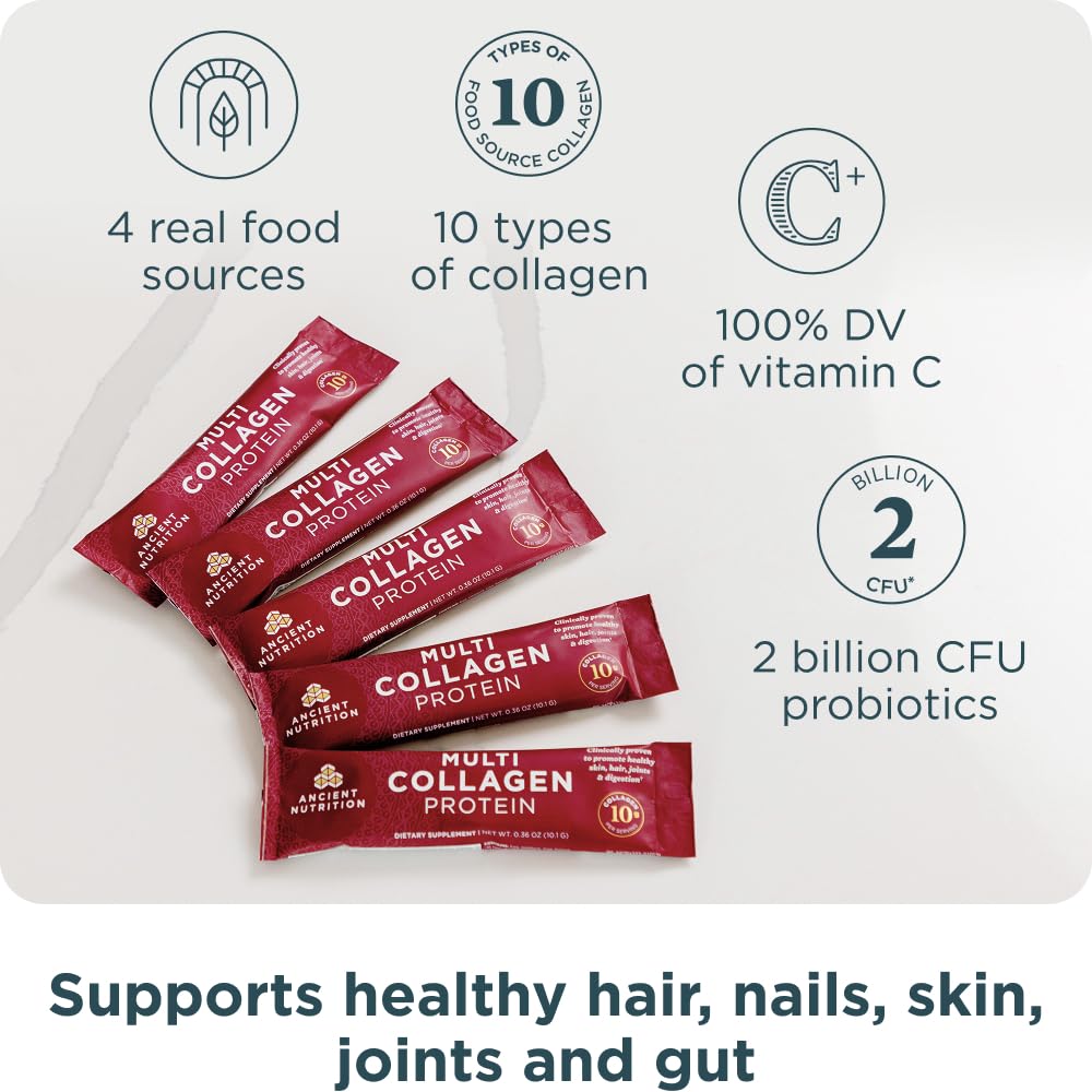 Ancient Nutrition collagen powder stirred into coffee for a quick boost.
