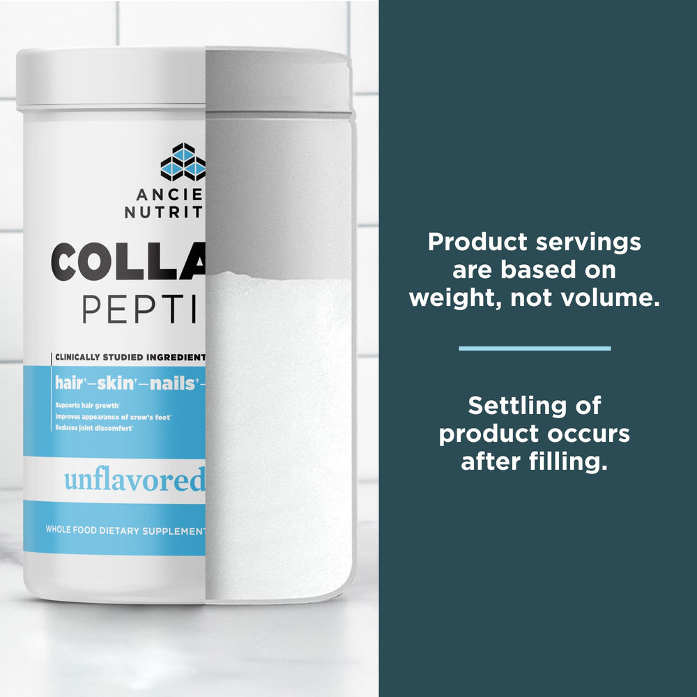 Ancient Nutrition Collagen Peptides bottle on kitchen counter, USA-made
