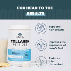 Glass of water with Ancient Nutrition Collagen Peptides powder for easy mixing.