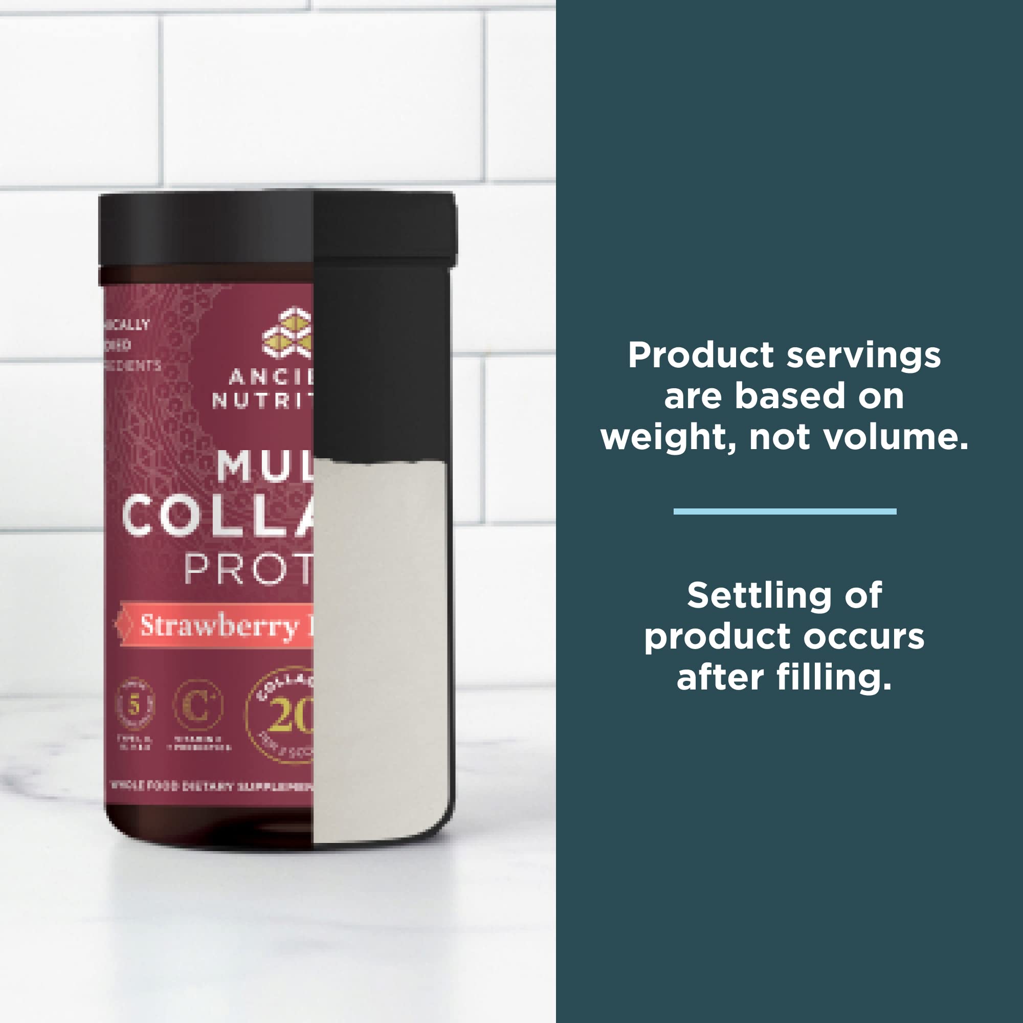 Ancient Nutrition collagen peptides powder label close-up with vitamin C and probiotics