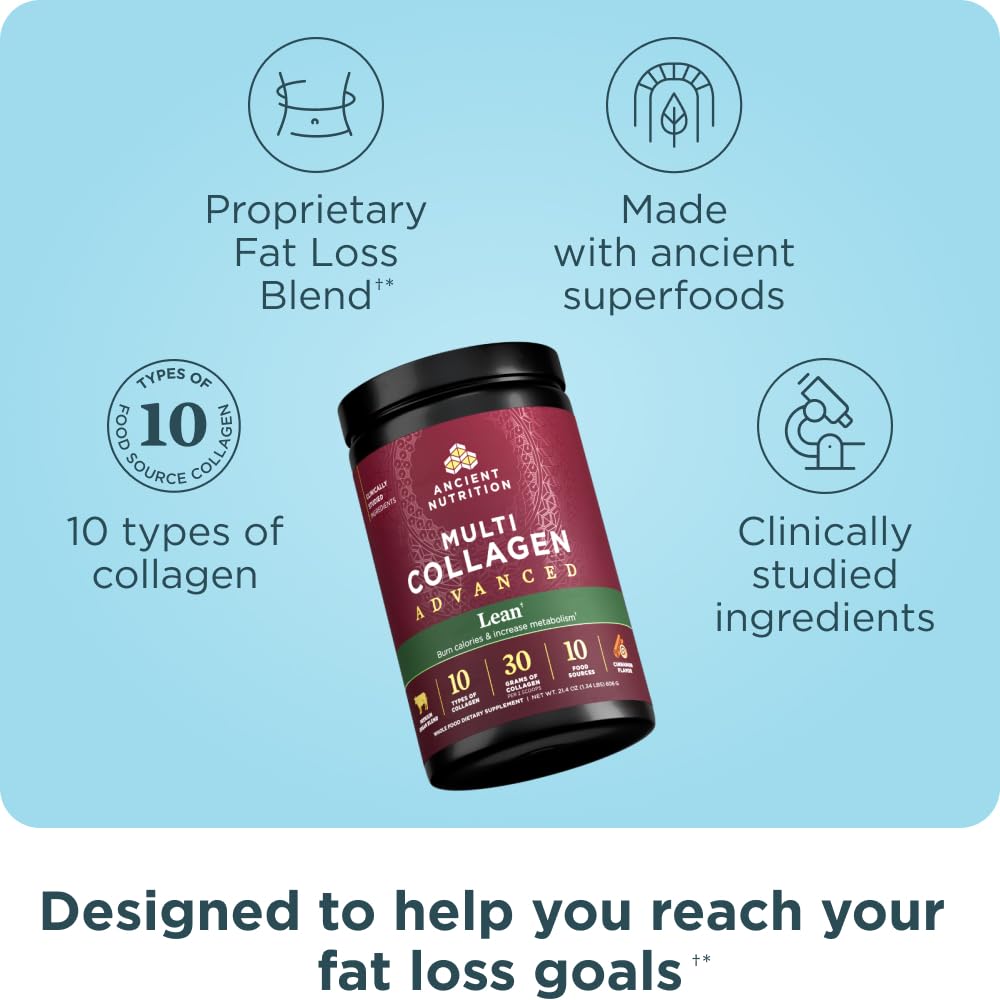 Ancient Nutrition collagen peptides powder scoop for easy beverage mixing.