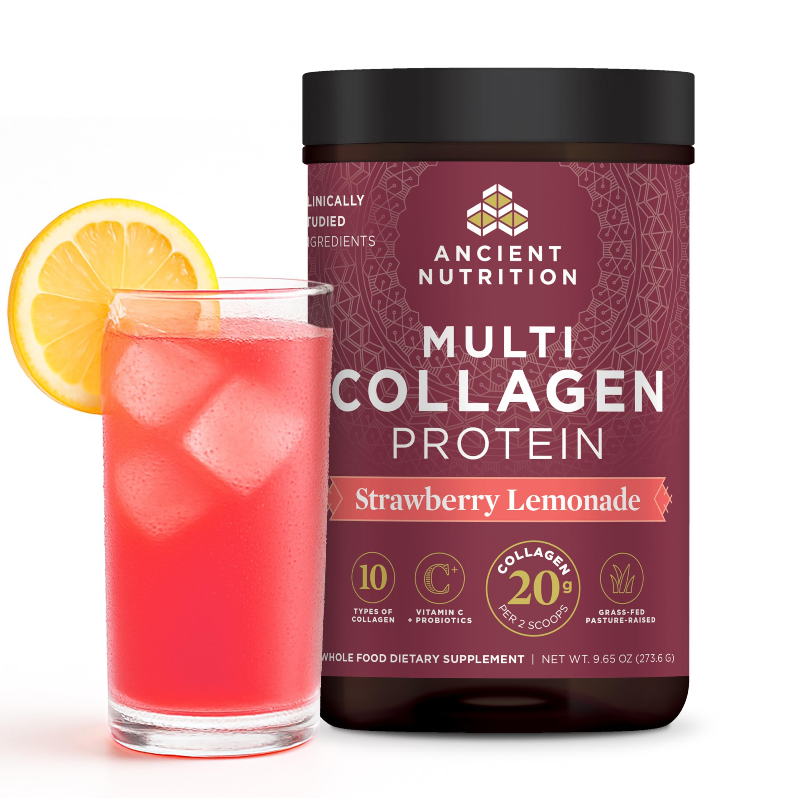 Ancient Nutrition collagen peptides powder tub front showing branding for daily protein boost