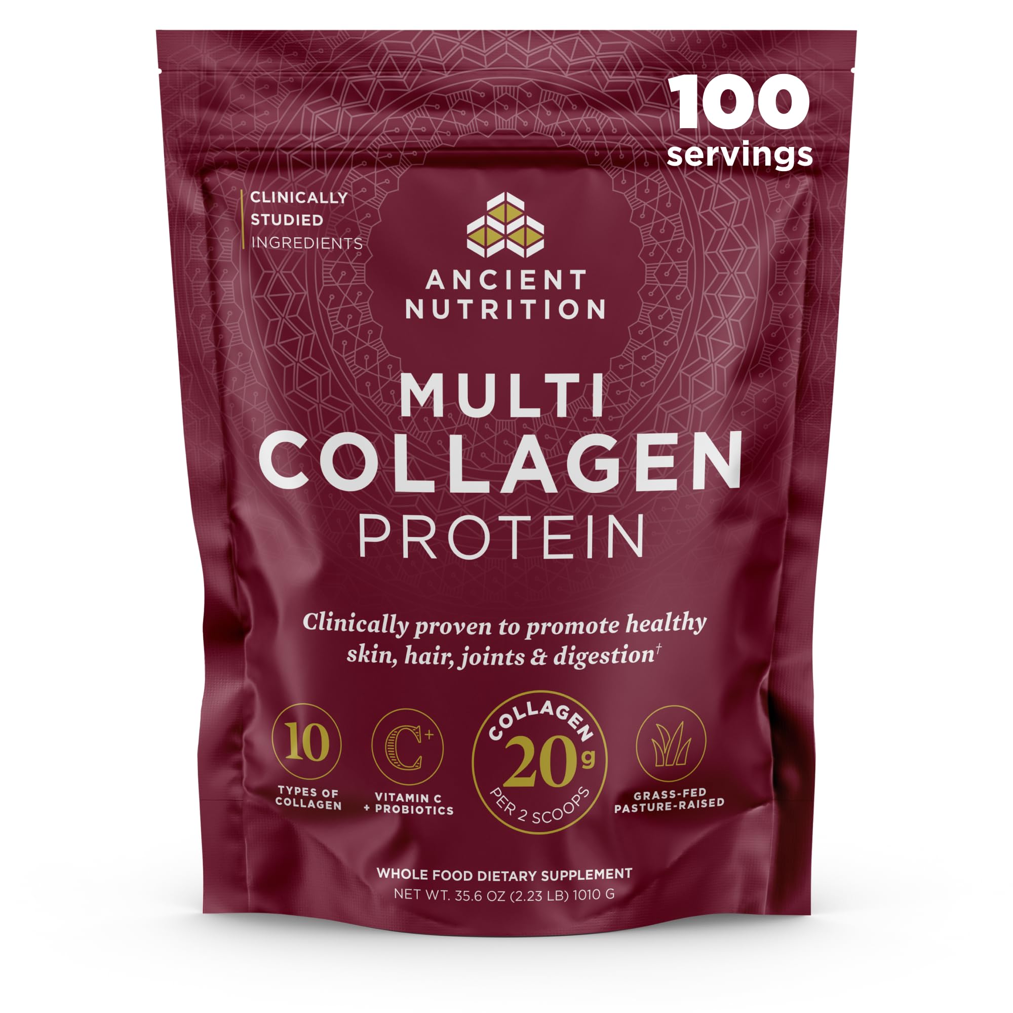 Ancient Nutrition Collagen Peptides powder tub for daily skin and joint support.