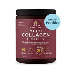 Ancient Nutrition collagen peptides tub showing convenient unflavored powder for daily use