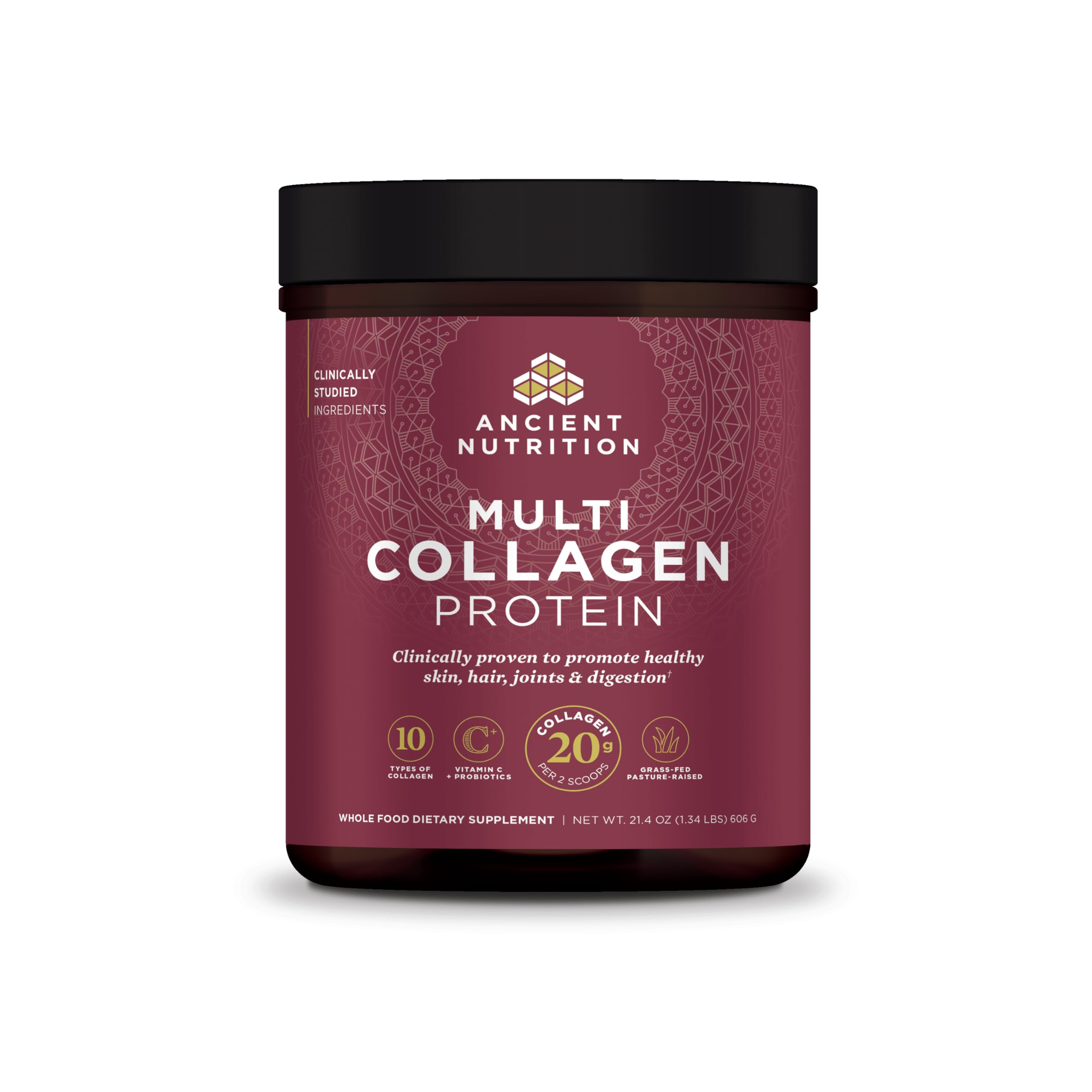 Ancient Nutrition Collagen Peptides tub front shows unflavored powder for skin, joints, and gut support