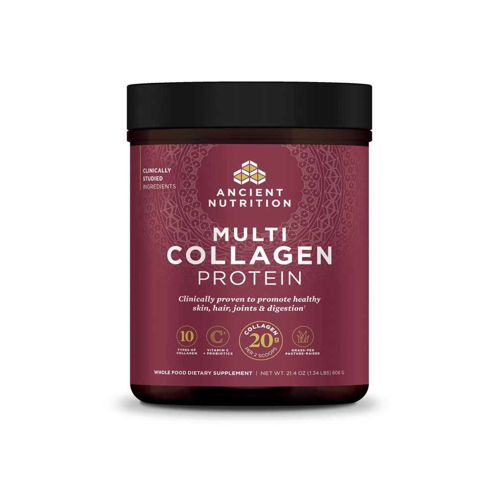 Ancient Nutrition Collagen Peptides tub front shows unflavored powder for skin, joints, and gut support