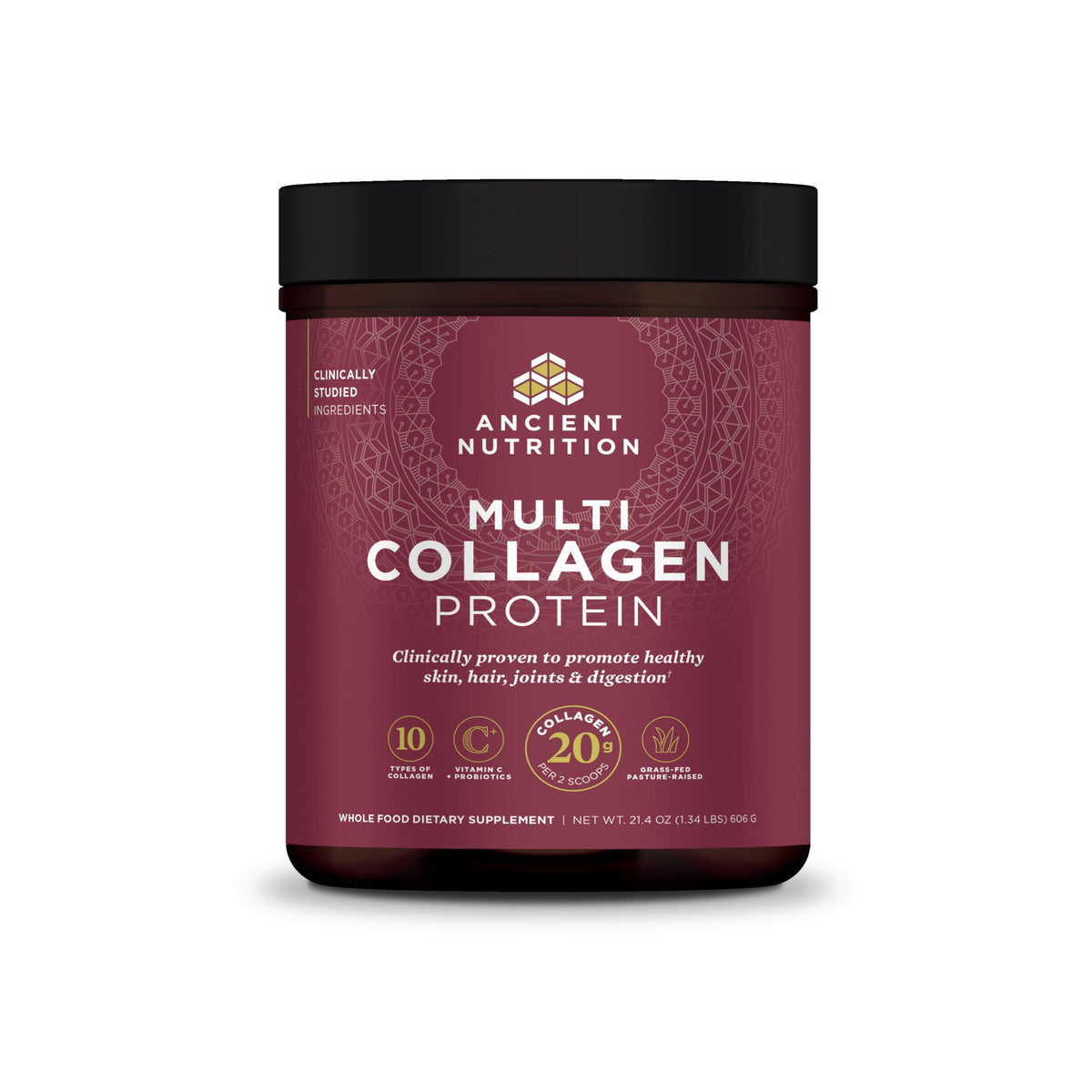 Ancient Nutrition Collagen Peptides tub front shows unflavored powder for skin, joints, and gut support