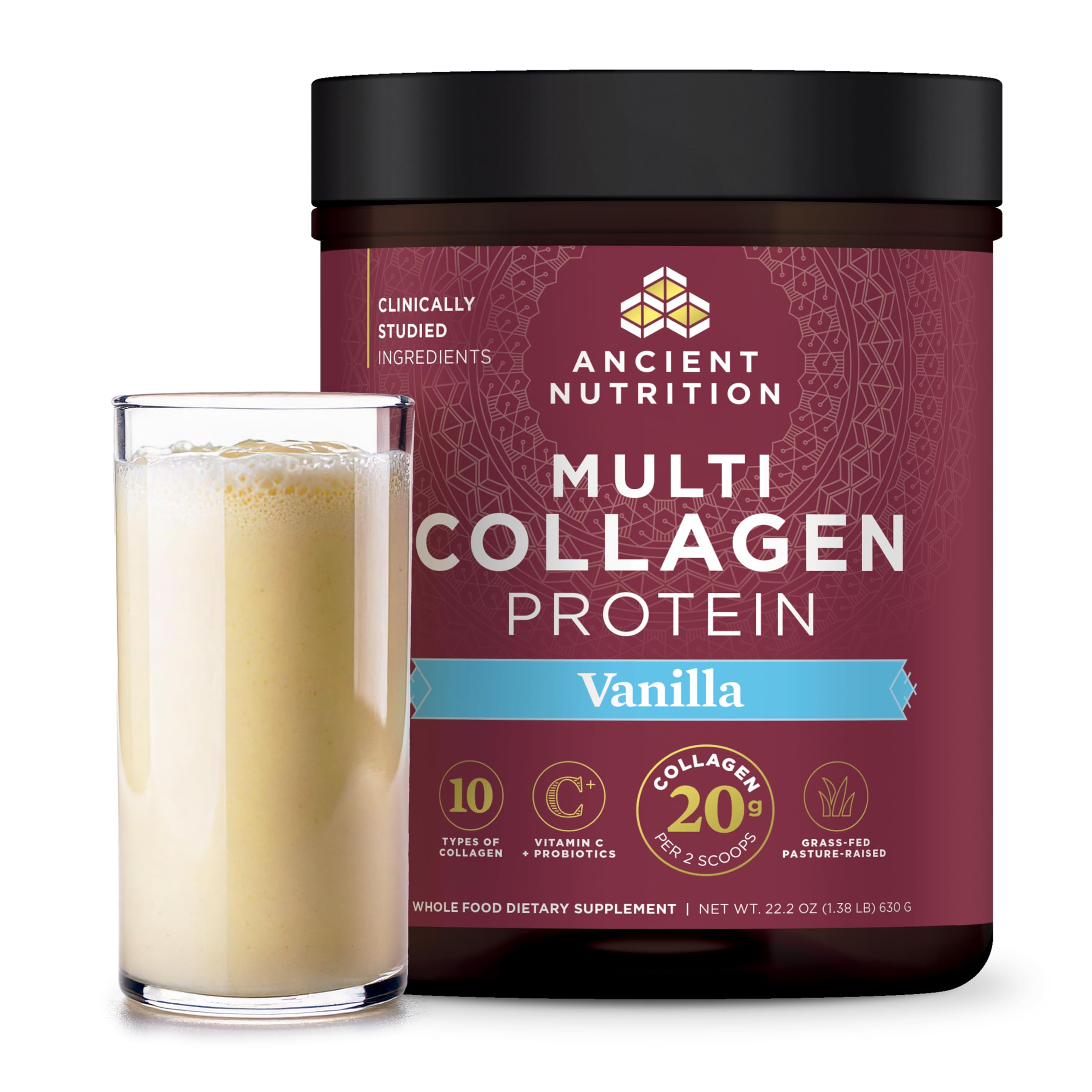 Ancient Nutrition Collagen Peptides Vanilla bottle on kitchen counter for daily beauty support.