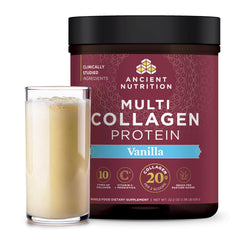 Ancient Nutrition Collagen Peptides Vanilla bottle on kitchen counter for daily beauty support.