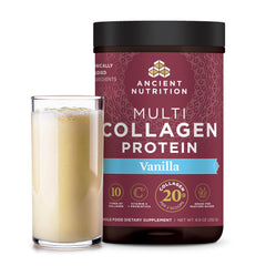 Ancient Nutrition collagen peptides vanilla tub; daily skin and joint support.