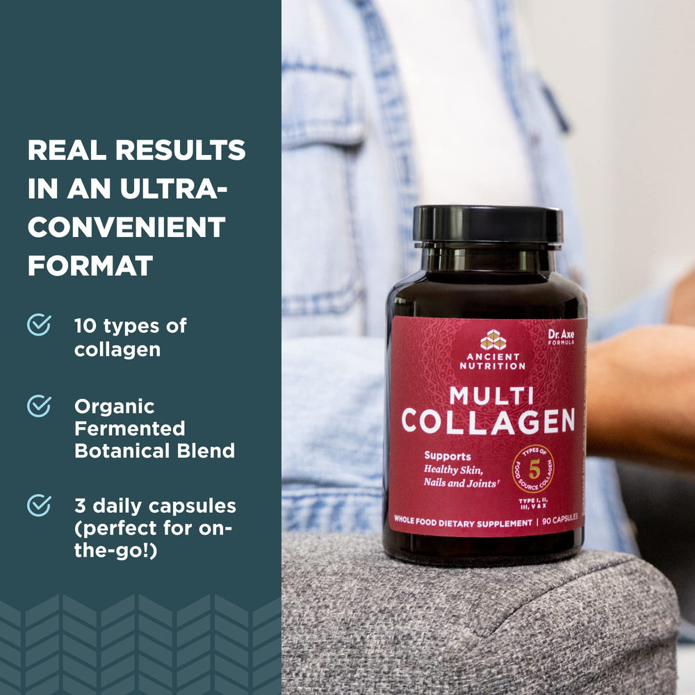 Ancient Nutrition Collagen Pills with water glass illustrating simple daily dose