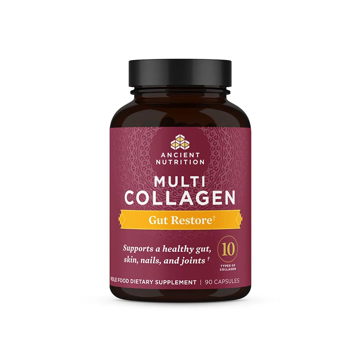 Ancient Nutrition collagen pills bottle front showing gut restore support.