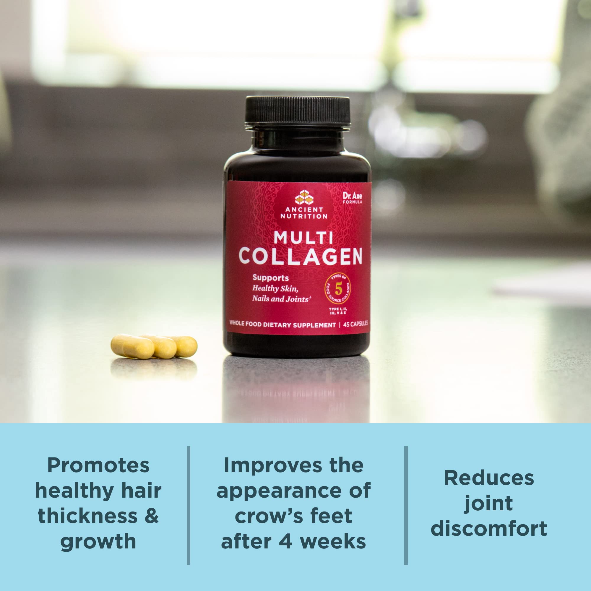 Ancient Nutrition Collagen Pills on a counter representing routine use