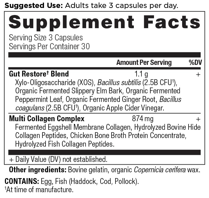Ancient Nutrition collagen pills capsules closeup with probiotic blend for digestion support.