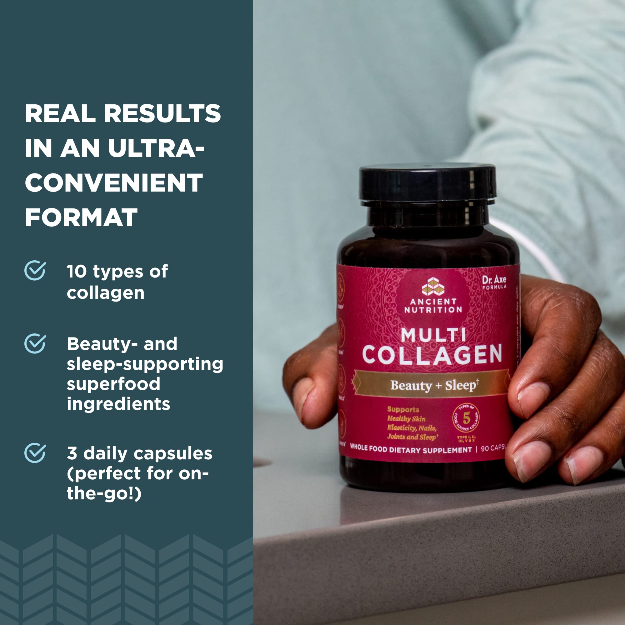Ancient Nutrition collagen pills support skin elasticity and glow