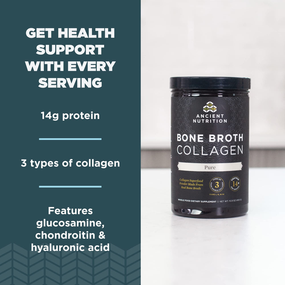Ancient Nutrition pouring collagen into liquid demonstrates quick mixing into drinks.