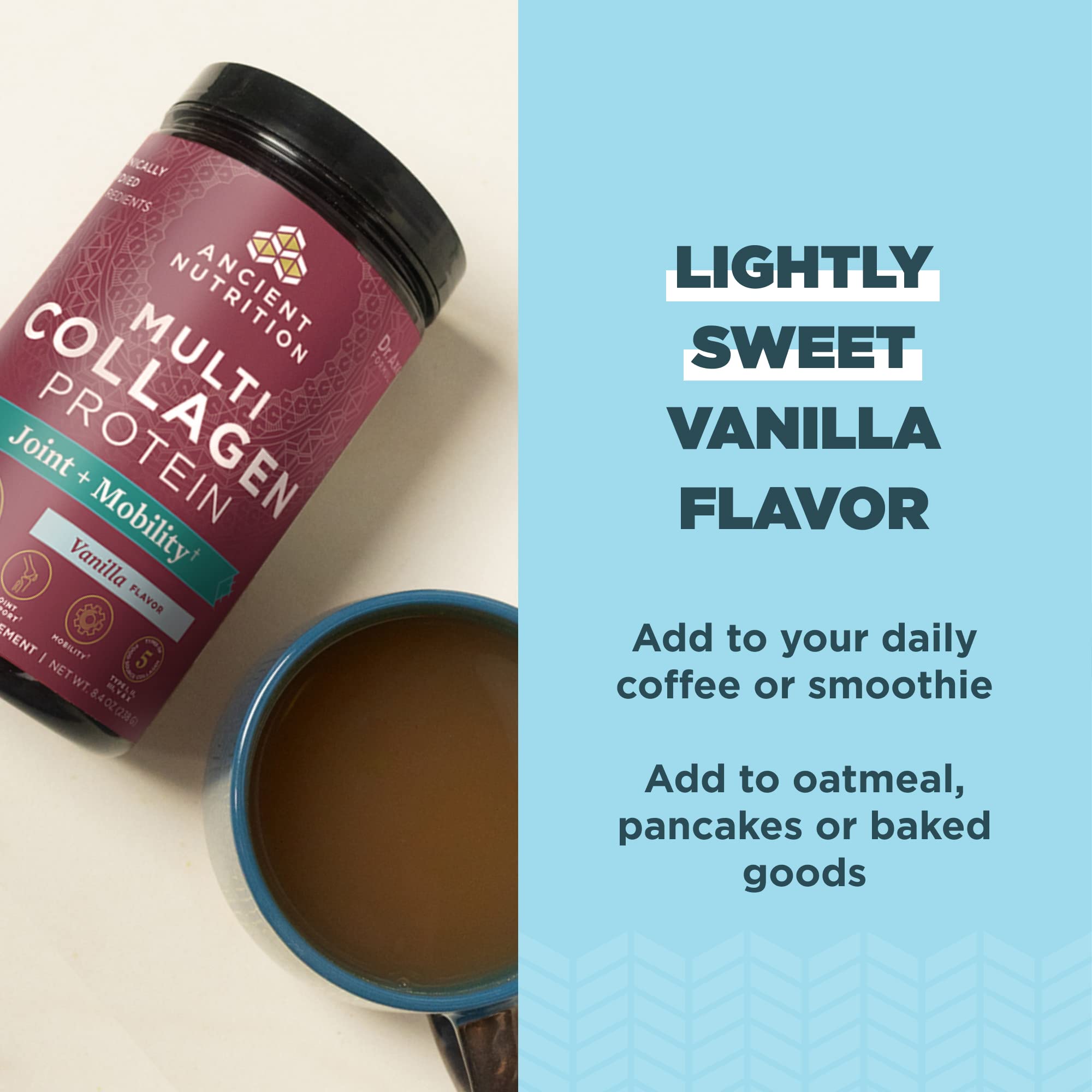 Ancient Nutrition Collagen Powder bottle highlights new packaging and core ingredients.