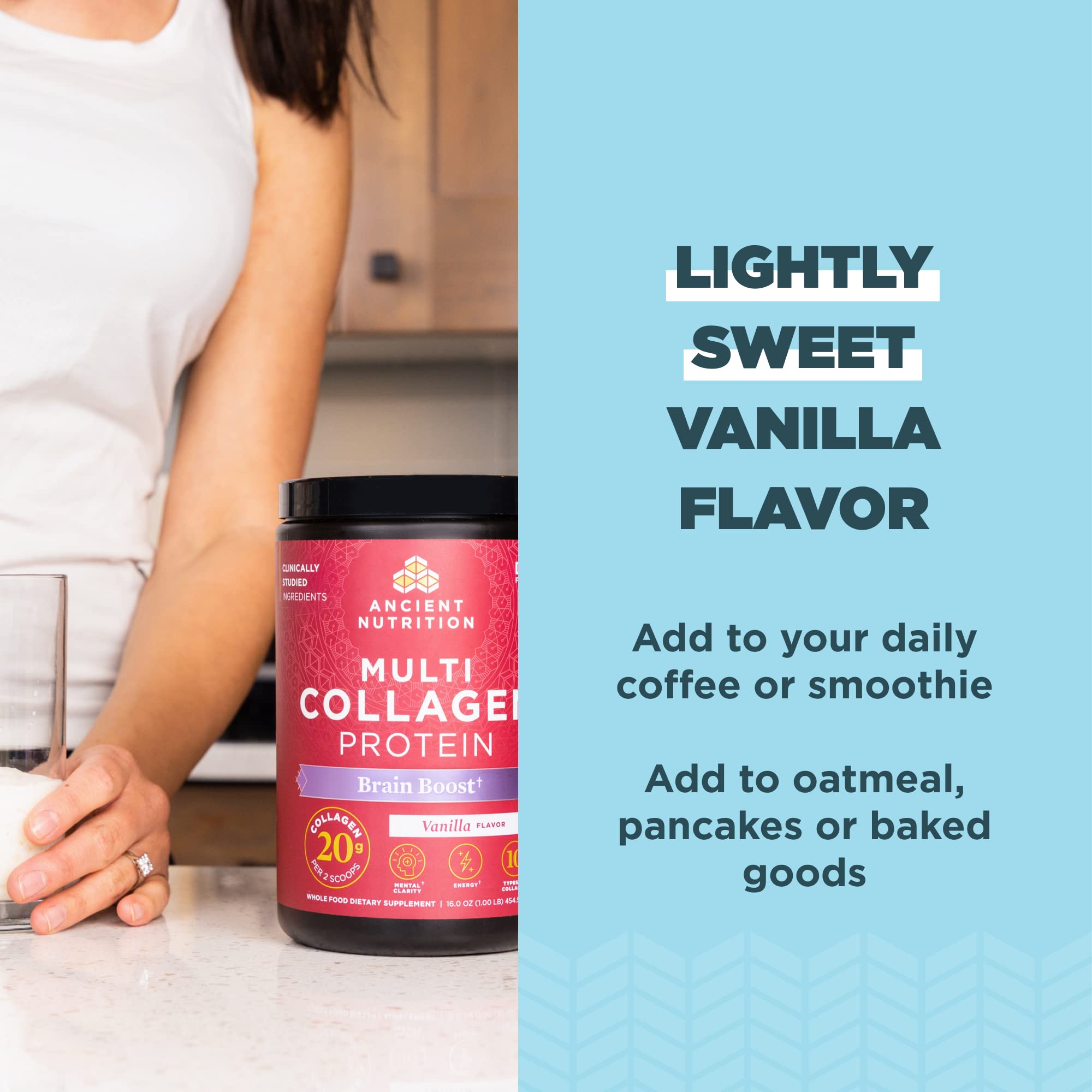 Ancient Nutrition collagen powder being stirred into smoothie highlights convenient daily application.