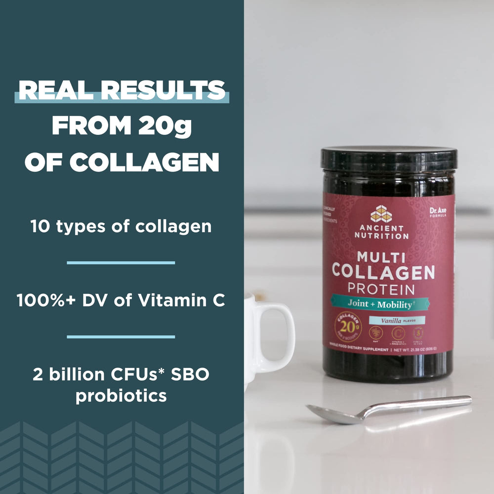 Ancient Nutrition Collagen Powder scoop added to tea demonstrates simple daily use.