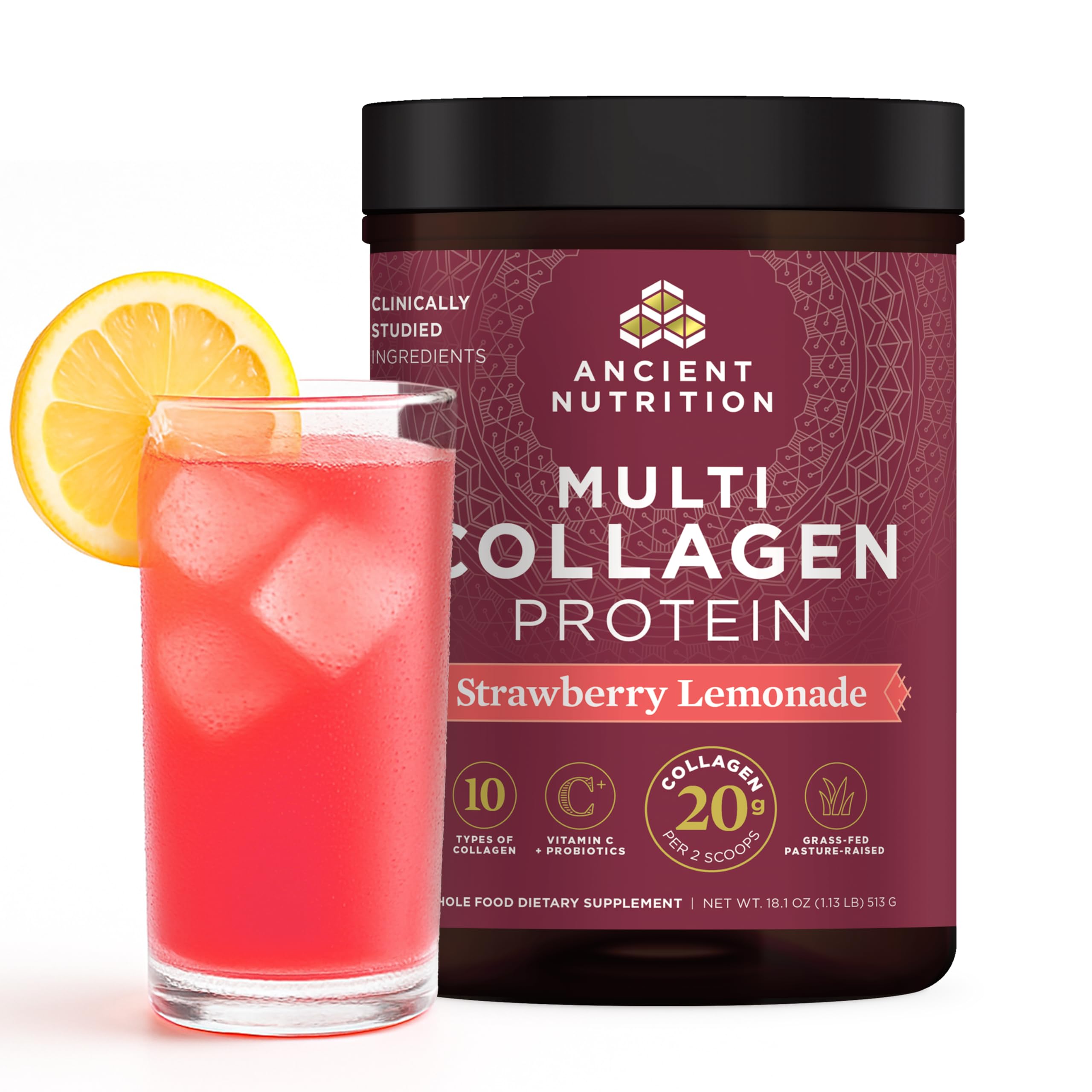 Ancient Nutrition collagen probiotics bottle with strawberry lemonade flavor supports daily skin and gut health
