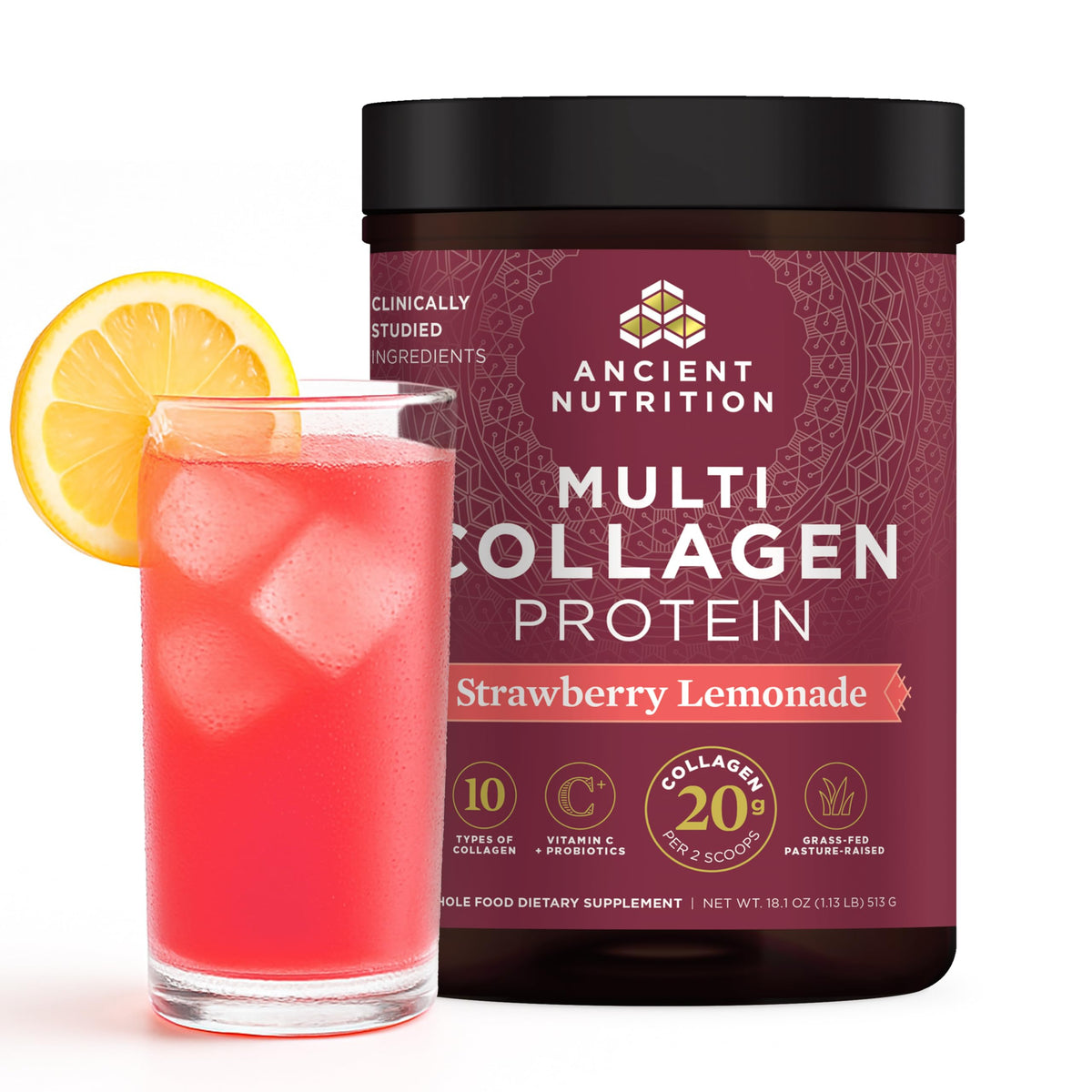 Ancient Nutrition collagen probiotics bottle with strawberry lemonade flavor supports daily skin and gut health