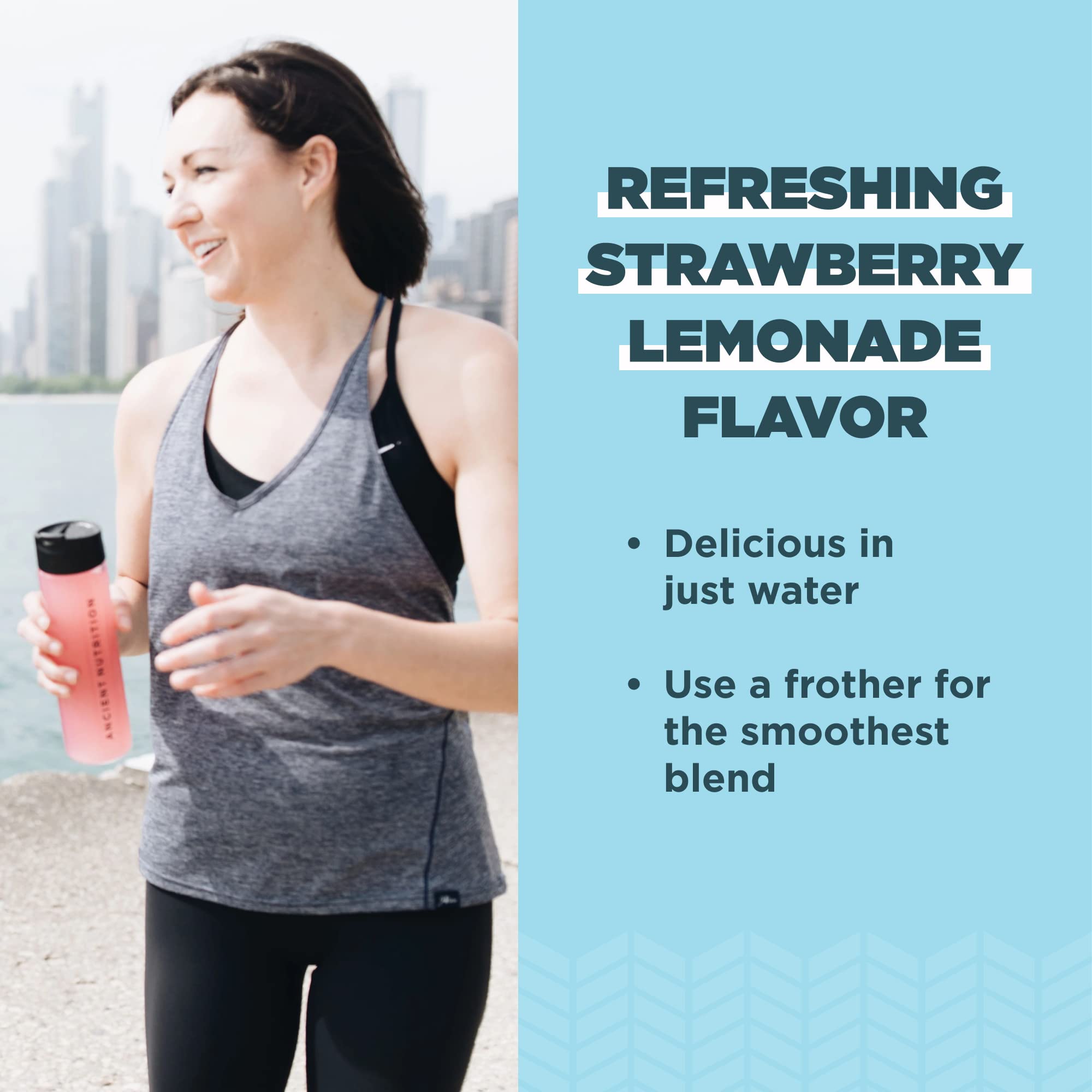 Ancient Nutrition collagen probiotics strawberry lemonade in a glass for hydration