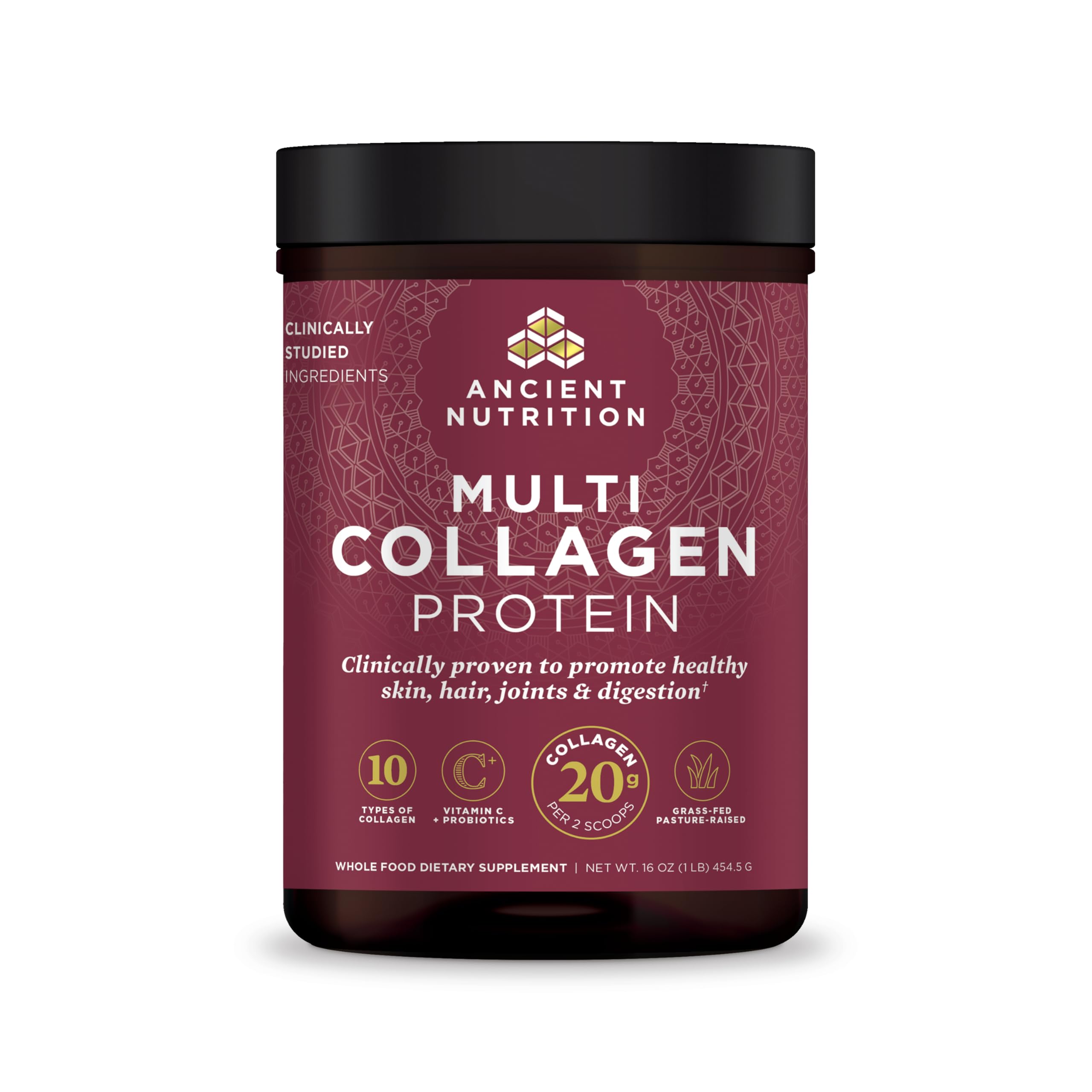 Ancient Nutrition collagen with probiotics tub, unflavored and easy to mix into drinks