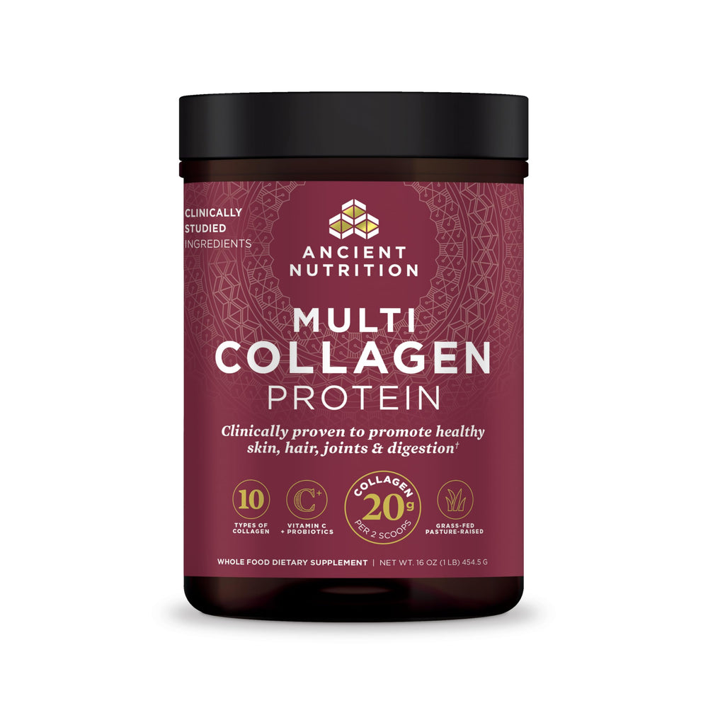 Ancient Nutrition collagen with probiotics tub, unflavored and easy to mix into drinks