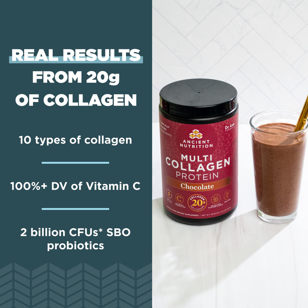 Ancient Nutrition collagen chocolate shake in a glass ready to enjoy.