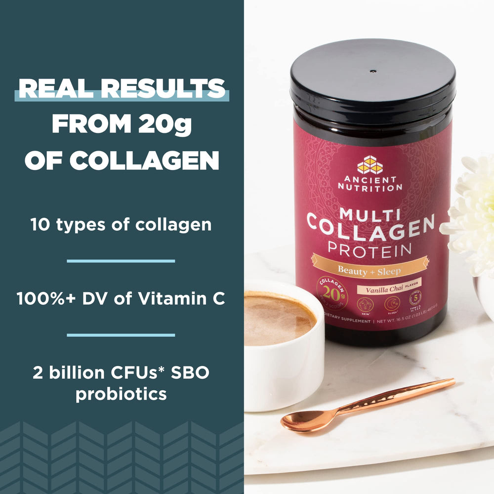 Ancient Nutrition collagen scoop in shake illustrates fast absorption and daily protein boost.