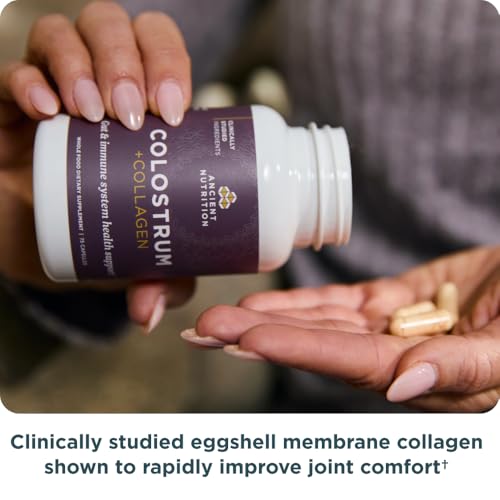 Ancient Nutrition Colostrum capsules closeup for joint comfort and mobility support.
