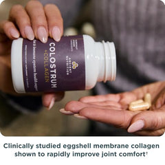 Ancient Nutrition Colostrum capsules closeup for joint comfort and mobility support.