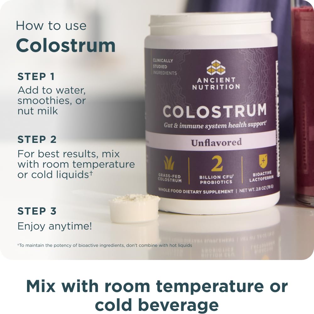 Ancient Nutrition Colostrum Superfood Powder label emphasizes probiotics and lactoferrin benefits.