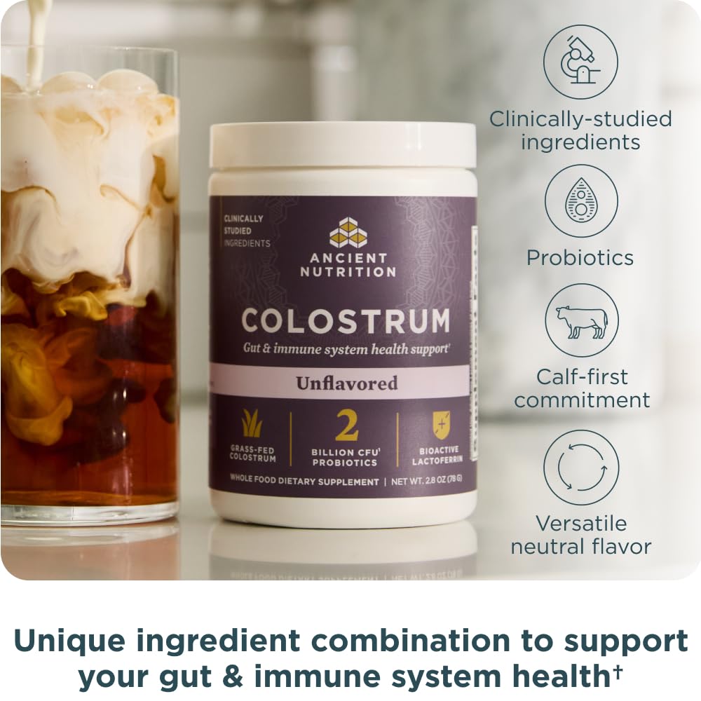 Ancient Nutrition Colostrum Superfood Powder tub close-up highlights grass-fed ingredients.