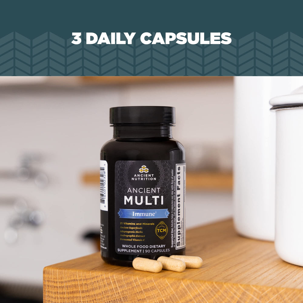 Ancient Nutrition daily-use capsules showing a three-capsule daily dose