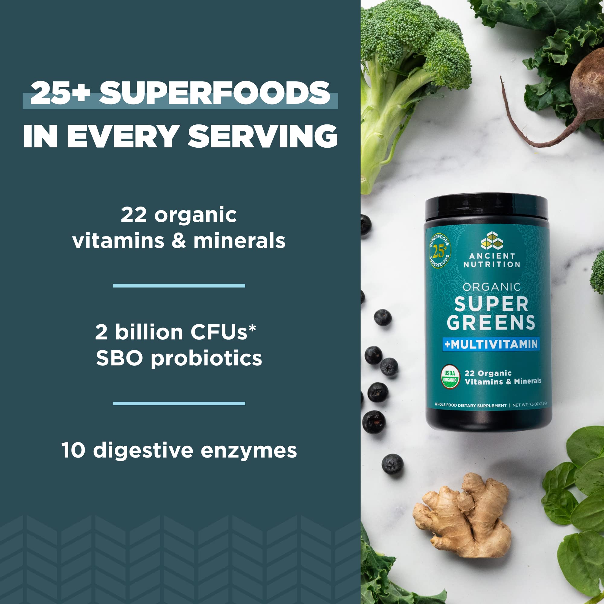 Scoop of Ancient Nutrition greens into smoothie for convenient nutrition.