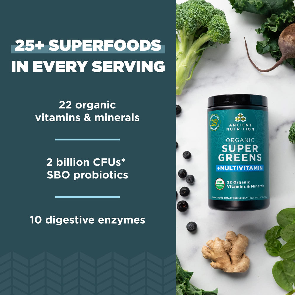 Scoop of Ancient Nutrition greens into smoothie for convenient nutrition.