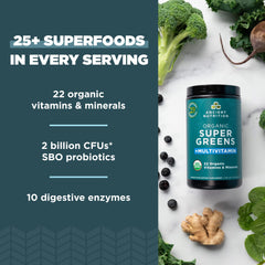 Scoop of Ancient Nutrition greens into smoothie for convenient nutrition.