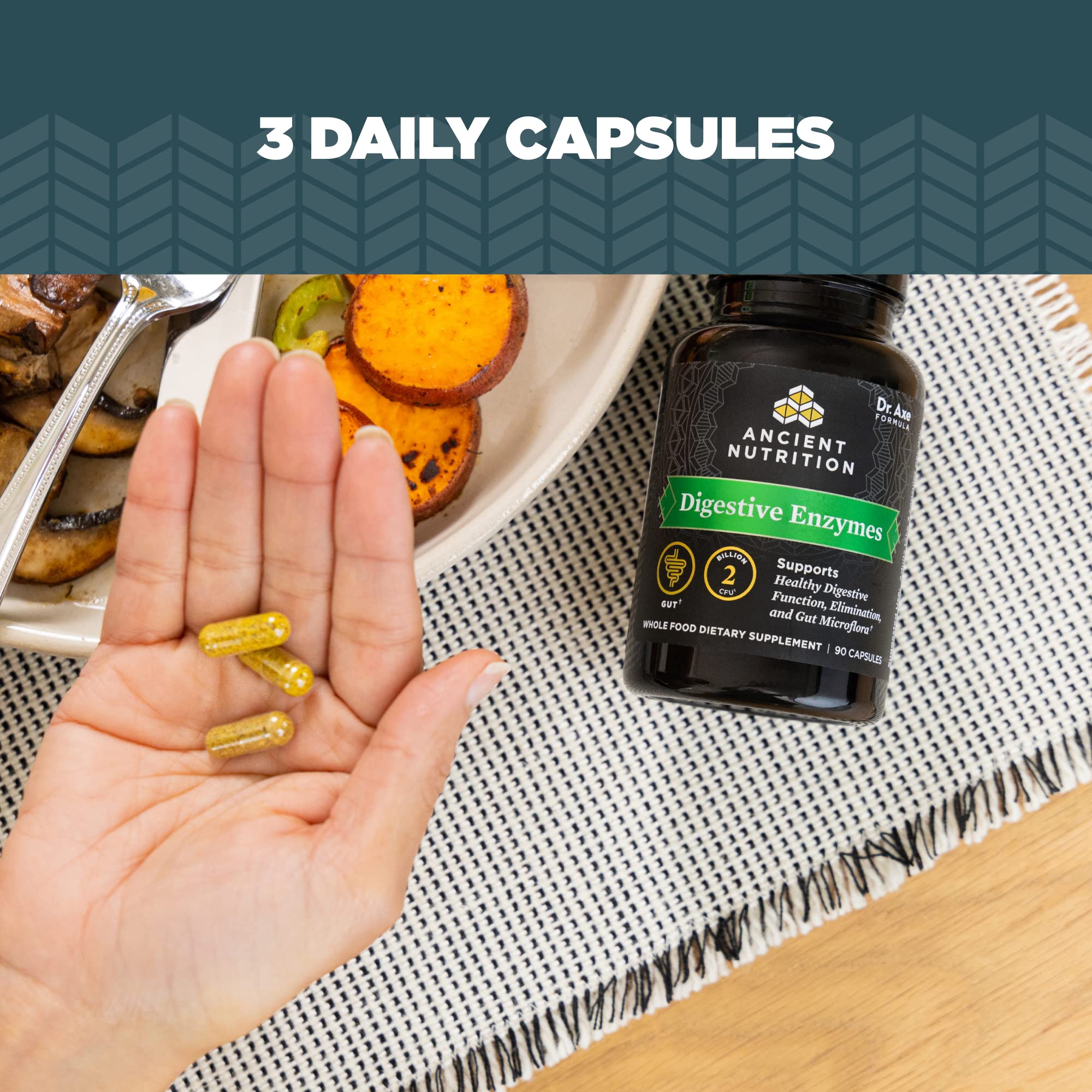 Ancient Nutrition Digestive Enzymes enzyme blend includes amylase, protease and lipase
